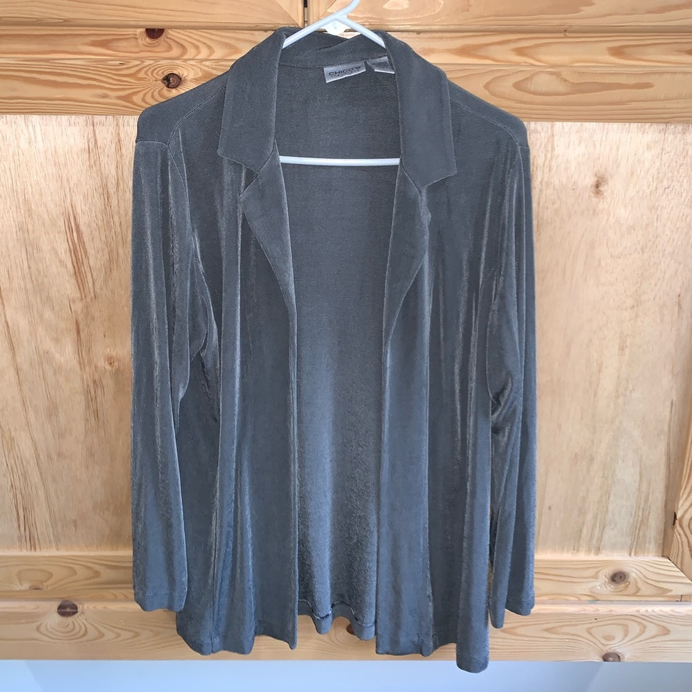 Chico’s travelers gray collarded open front cardigan shrug overlay size 2 (L/12)
